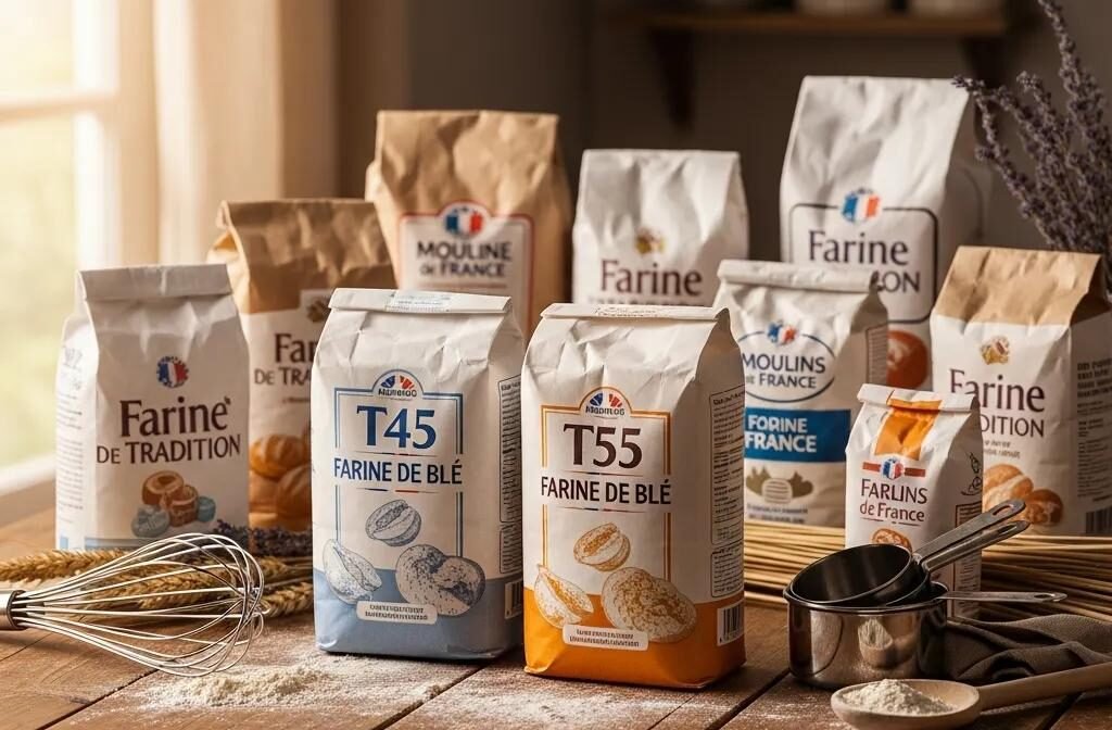 Display of French flour types T45 and T55 with baking tools on a rustic table
