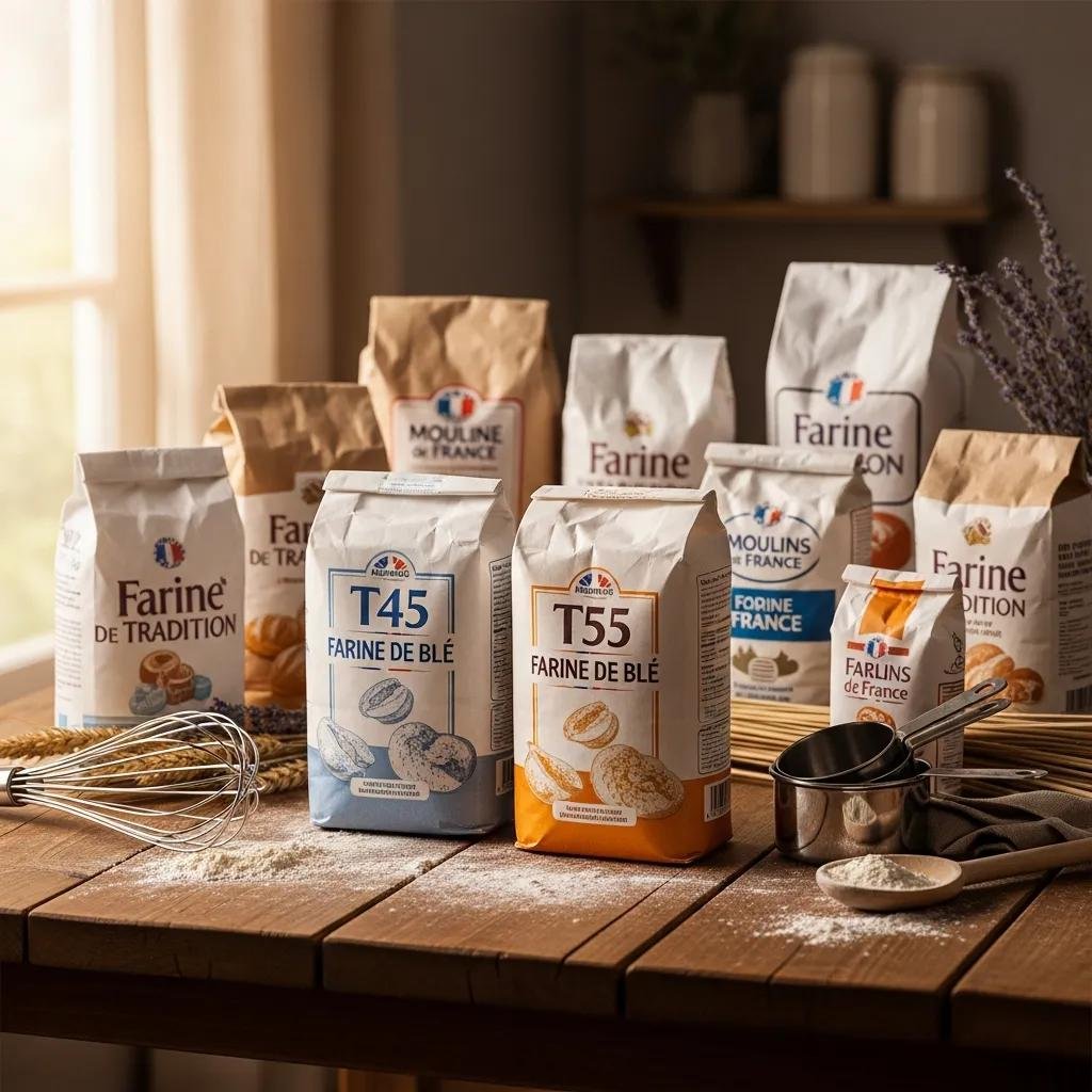 Display of French flour types T45 and T55 with baking tools on a rustic table