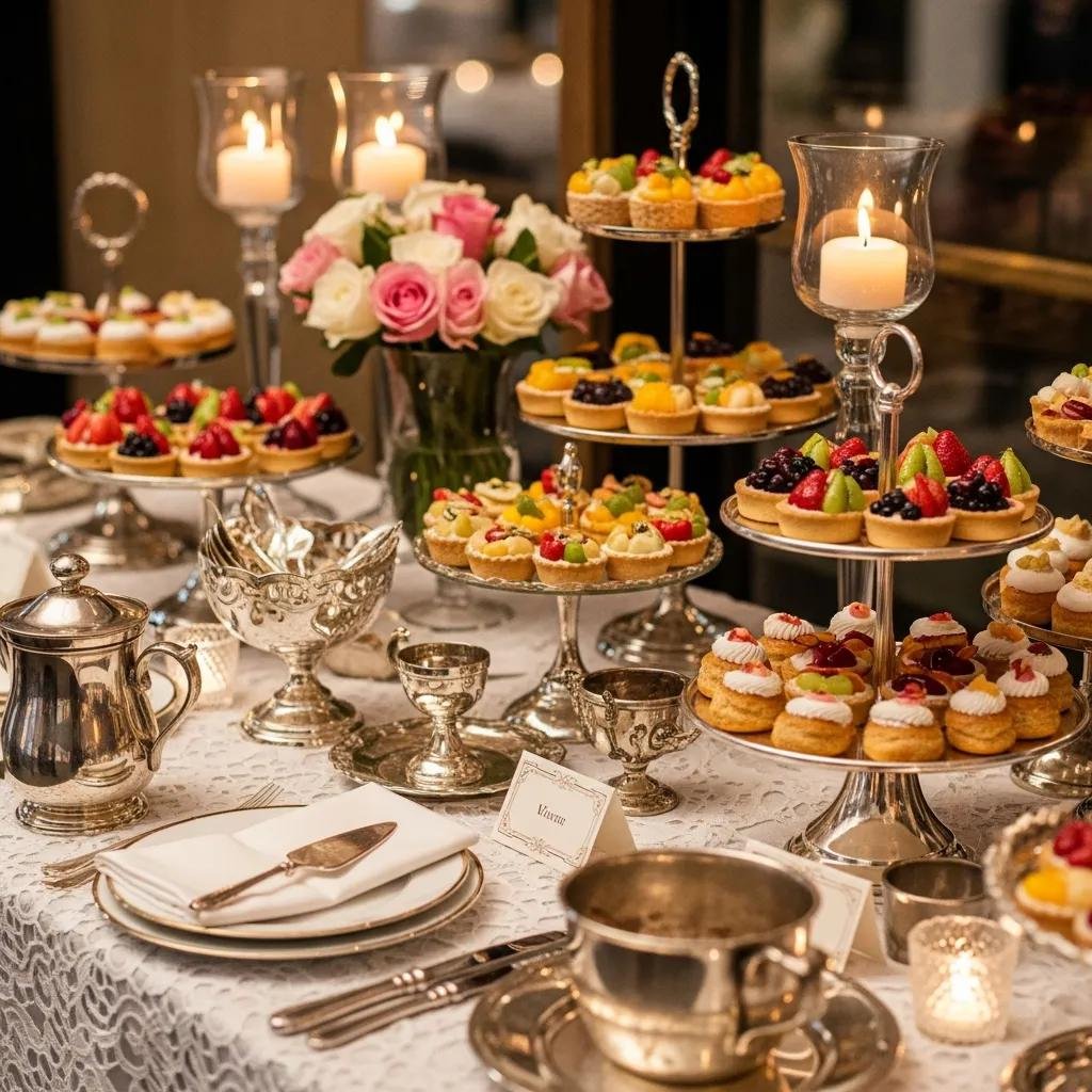 Elegant French dessert table with miniature pastries, fresh flowers, and decorative tableware