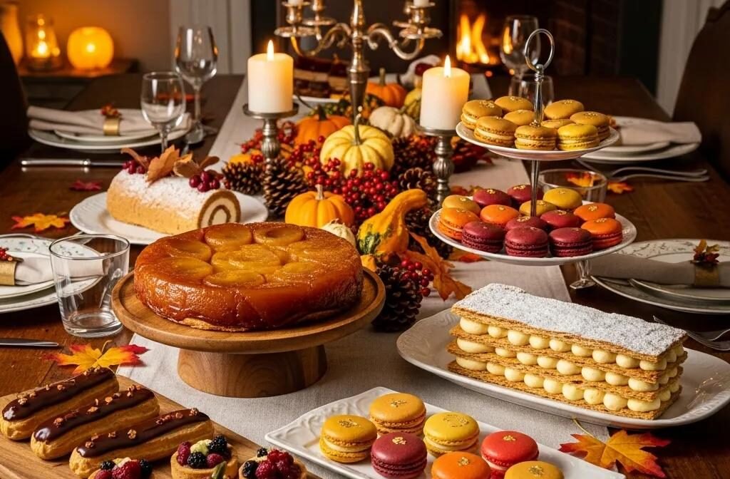Elegant French desserts for Thanksgiving including Tarte Tatin and macarons on a festive table