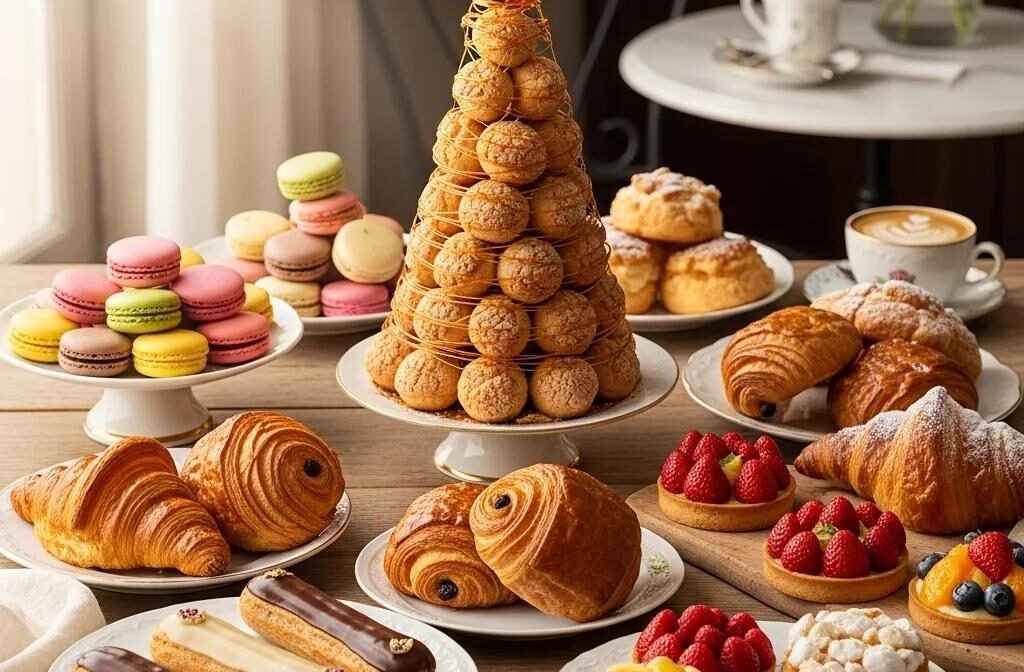 Elegant French pastries including macarons and croquembouche on a rustic table, showcasing celebration desserts