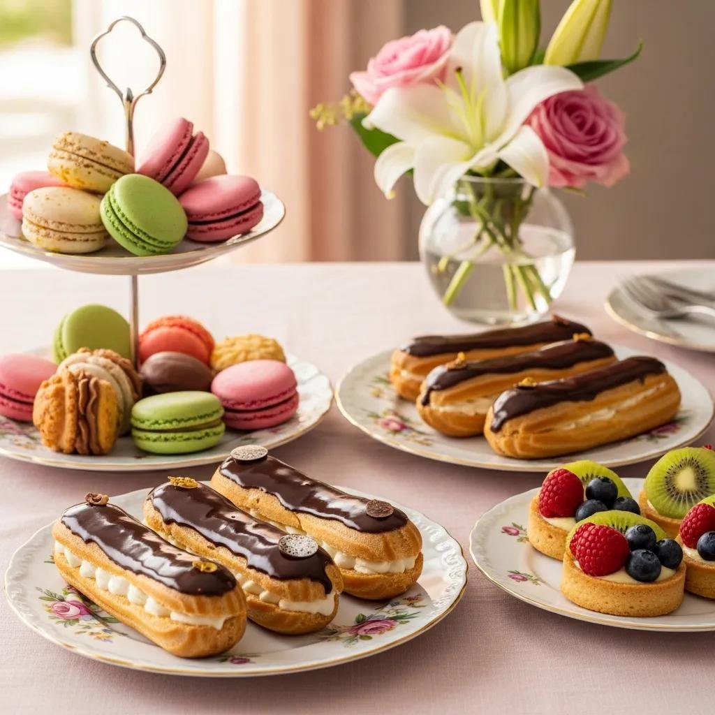 Elegant French pastries including macarons and éclairs arranged for Mother's Day celebration