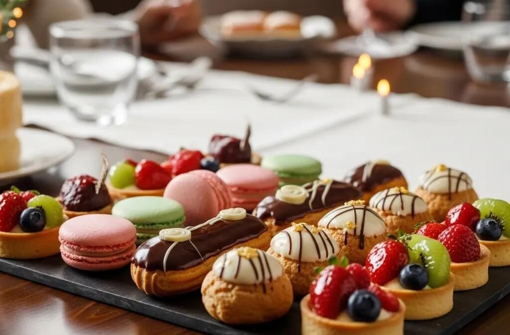 Elegant French pastries including macarons, &eacute;clairs, and tarts arranged on a stylish table