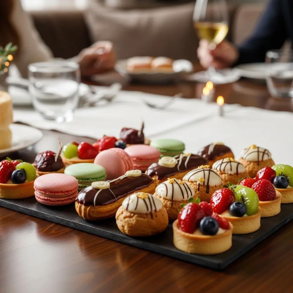 Elegant French pastries including macarons, éclairs, and tarts arranged on a stylish table