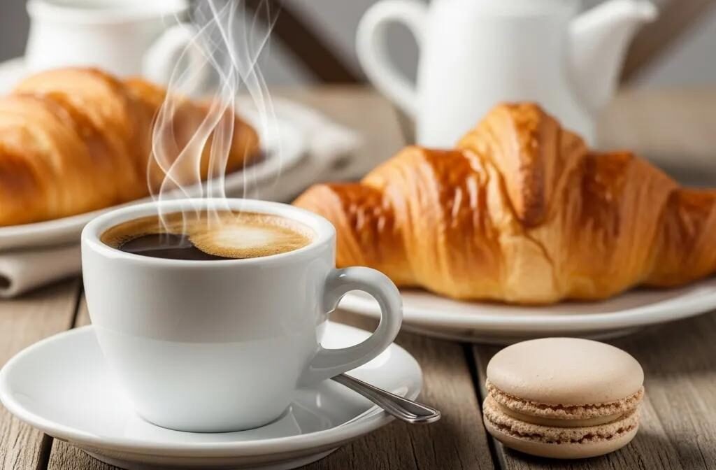 Espresso, croissant, and macaron showcasing the best French coffee and pastry pairings