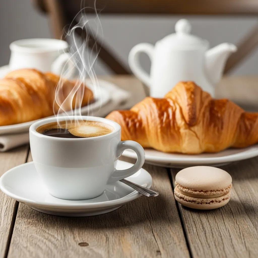 Espresso, croissant, and macaron showcasing the best French coffee and pastry pairings