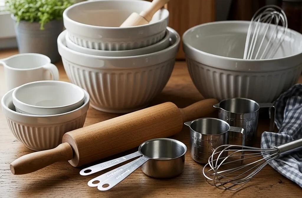 Essential French baking tools including a rolling pin, mixing bowls, and measuring cups on a rustic kitchen countertop