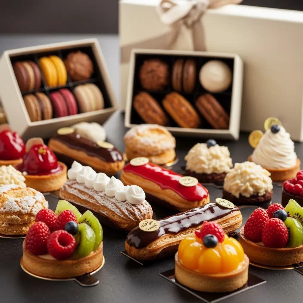 Exquisite French pastries in elegant gift boxes showcasing luxury and indulgence