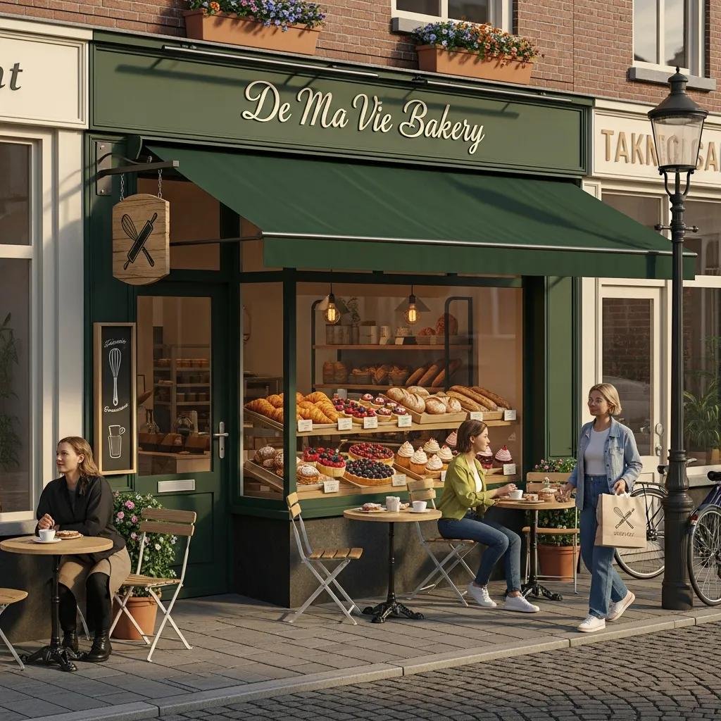Exterior view of De Ma Vie Bakery, showcasing its inviting storefront and display of freshly baked croissants