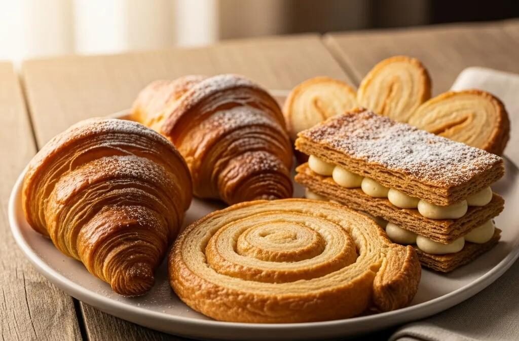 Flaky homemade French puff pastries on a rustic wooden table, highlighting their golden layers and textures