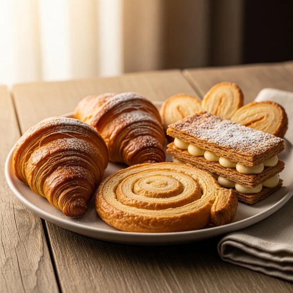 Flaky homemade French puff pastries on a rustic wooden table, highlighting their golden layers and textures