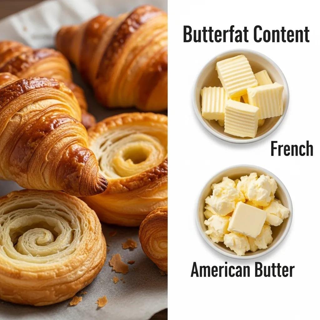Flaky pastries with French and American butter showcasing butterfat content differences