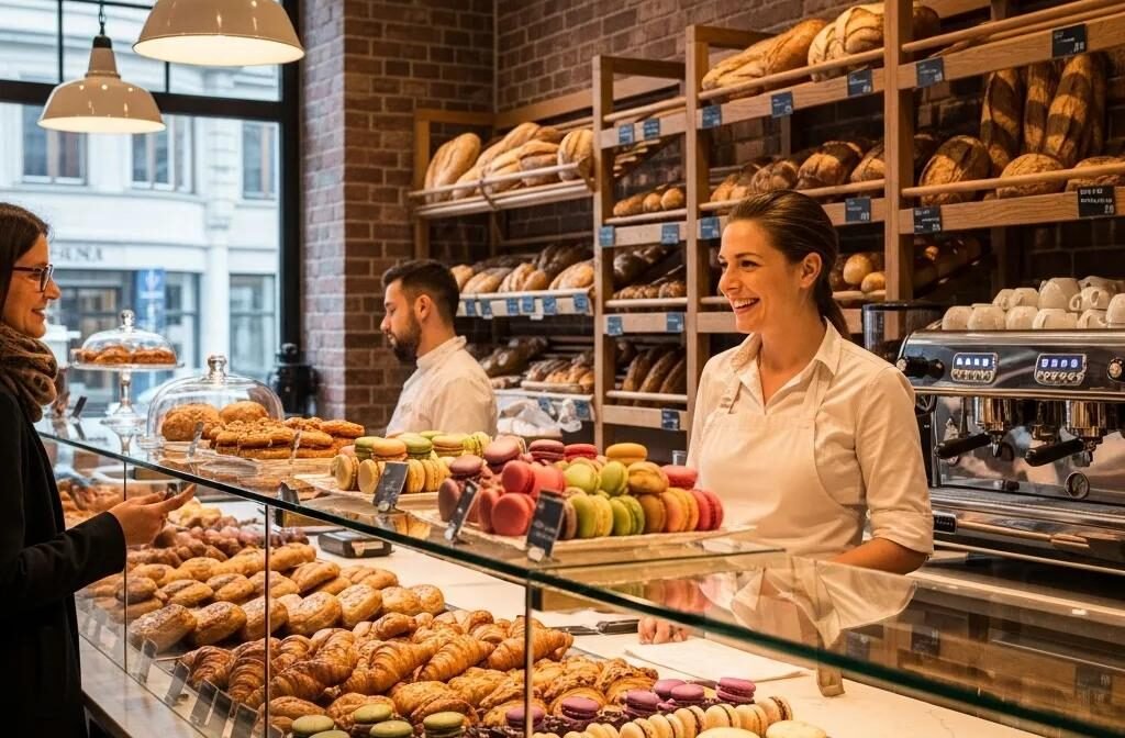 French bakery in Vienna with a display of pastries including croissants and macarons