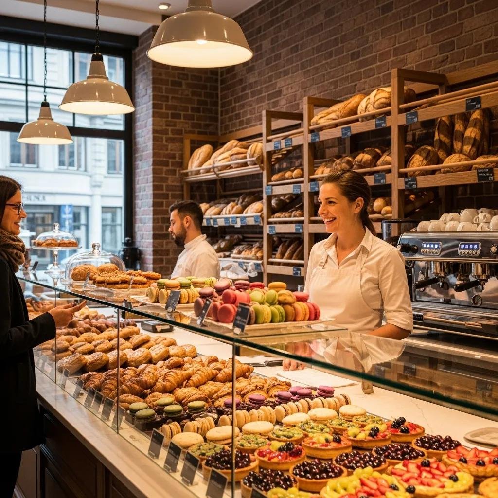 French bakery in Vienna with a display of pastries including croissants and macarons