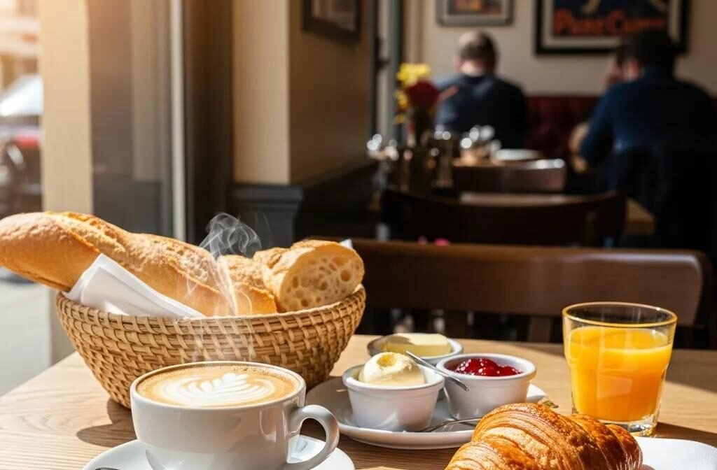 French breakfast with croissants, baguette, and café au lait in a cozy café setting