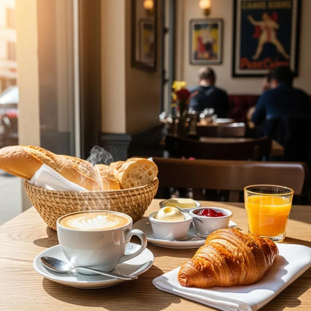 French breakfast with croissants, baguette, and café au lait in a cozy café setting