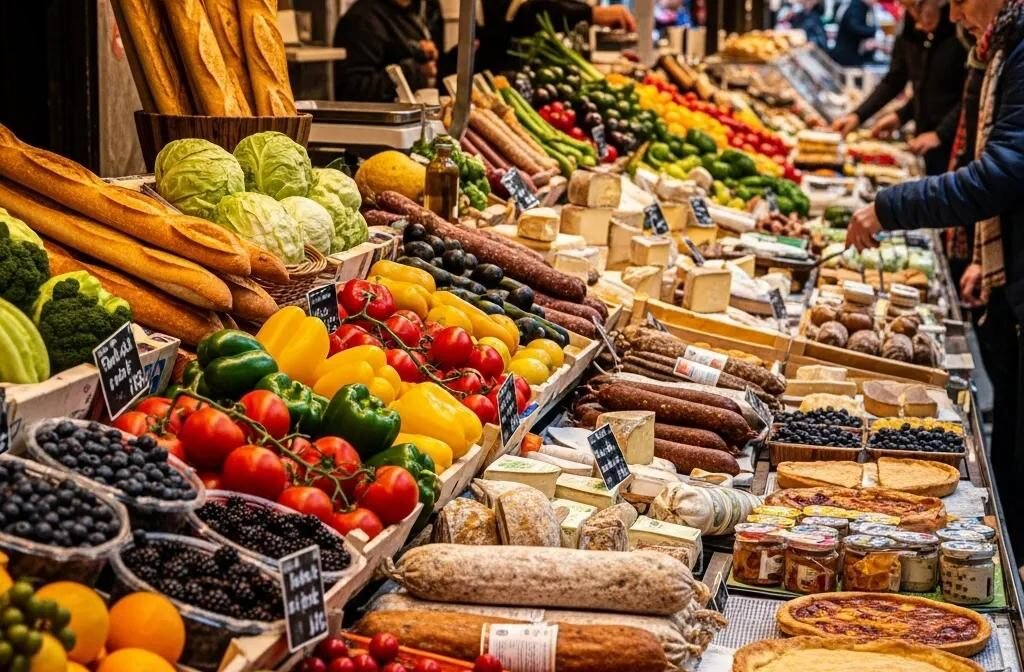French market with fresh produce and artisanal foods representing culinary destinations
