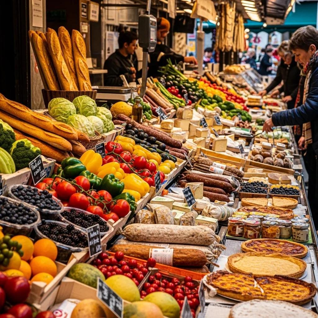 French market with fresh produce and artisanal foods representing culinary destinations