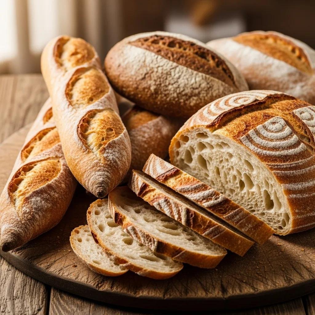 Freshly baked artisan breads including baguettes and sourdough on a rustic wooden board