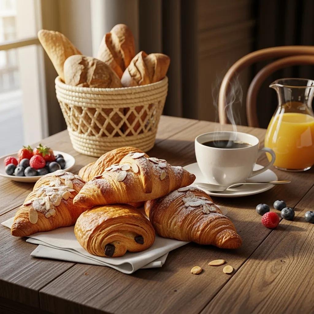 Freshly baked artisan croissants and viennoiseries arranged on a rustic table with coffee