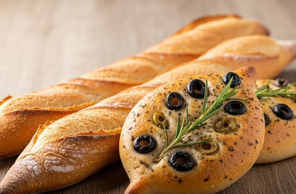 Freshly baked baguette and fougasse showcasing iconic French breads