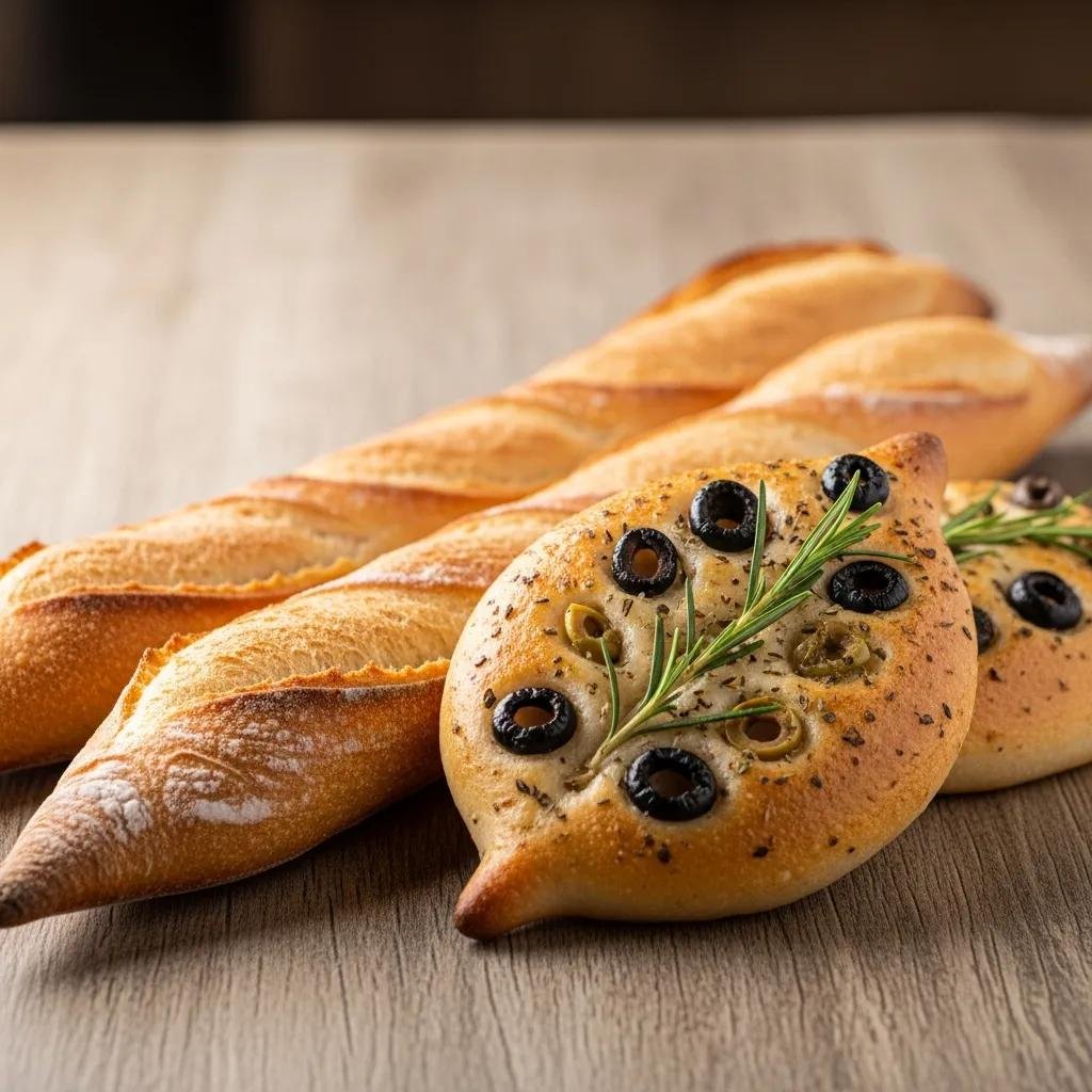 Freshly baked baguette and fougasse showcasing iconic French breads