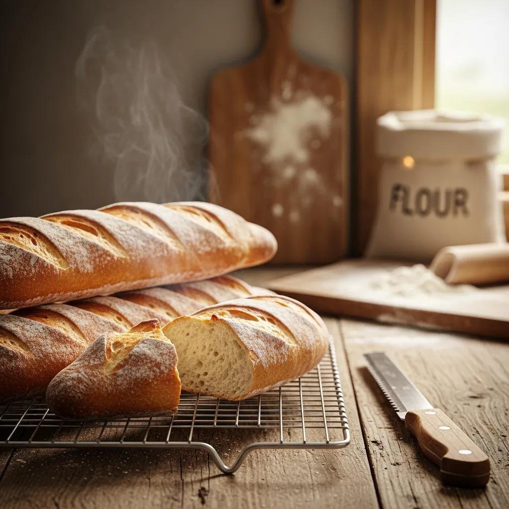 Freshly baked baguettes cooling on a wire rack, showcasing the art of French bread making