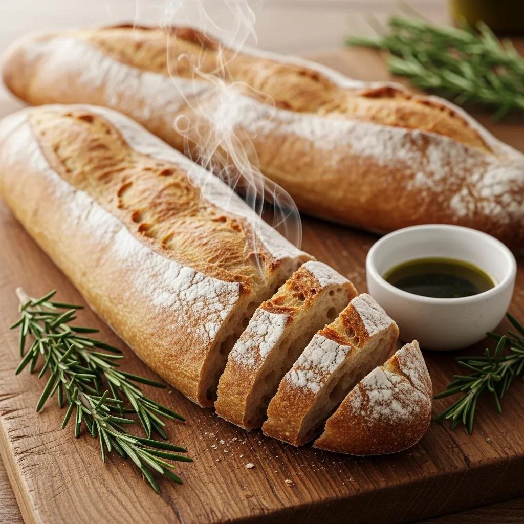 Freshly baked baguettes made with T55 flour on a wooden cutting board with herbs