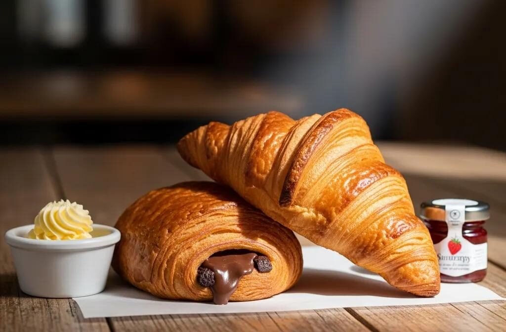 Freshly baked croissant and pain au chocolat on a rustic wooden table, showcasing their flaky textures and rich chocolate filling
