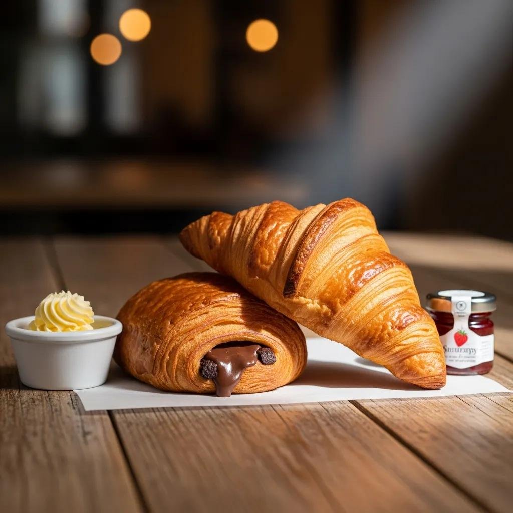 Freshly baked croissant and pain au chocolat on a rustic wooden table, showcasing their flaky textures and rich chocolate filling