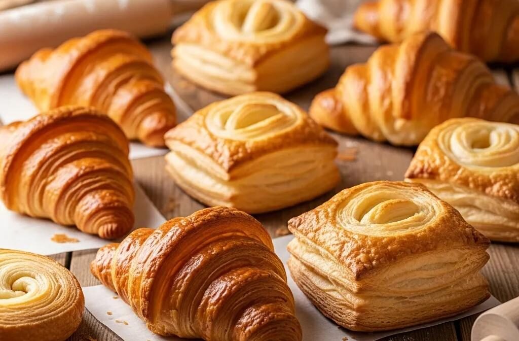 Freshly baked croissants and puff pastries showcasing flaky layers and golden crusts