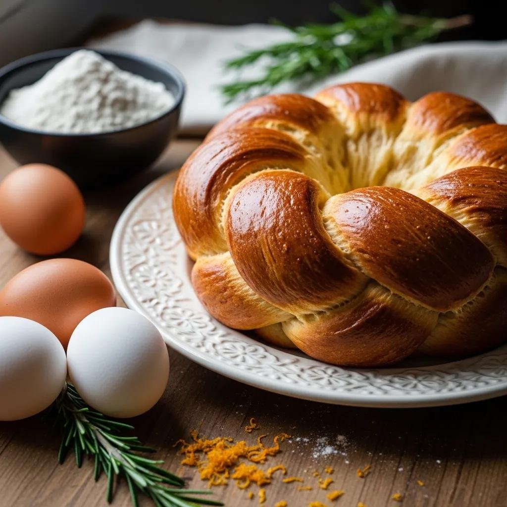 Freshly baked Easter brioche with a golden crust, surrounded by organic eggs and flour