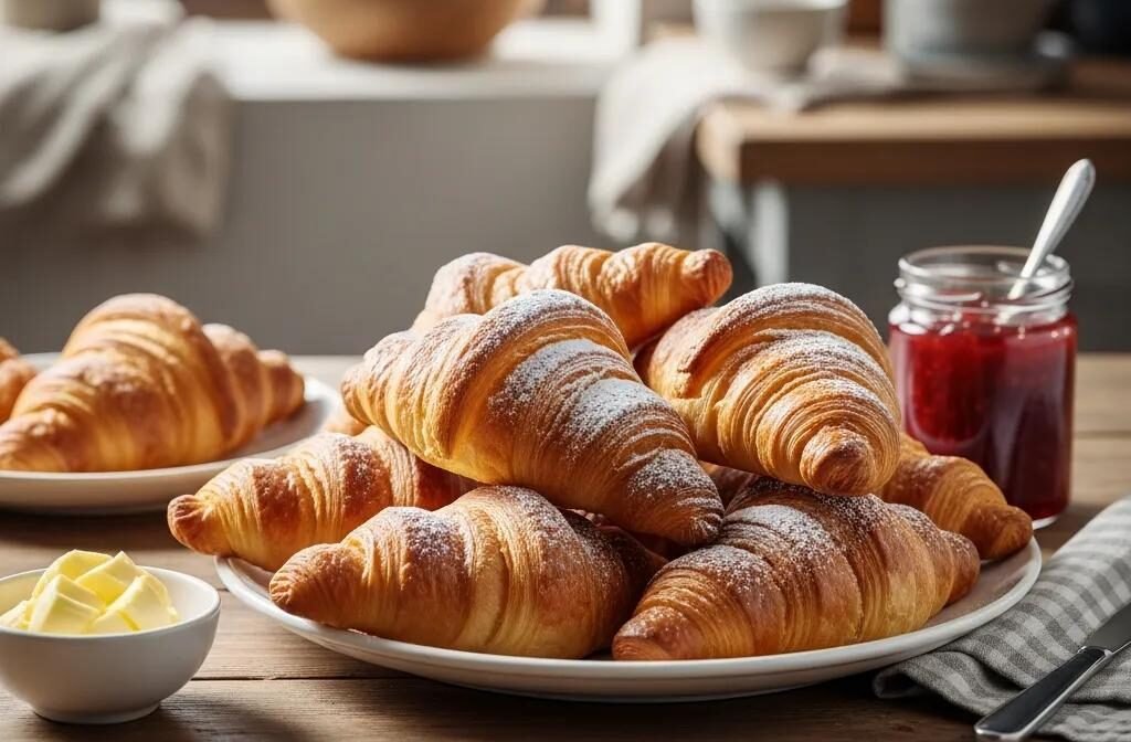 Freshly baked flaky French croissants on a rustic wooden table with butter and jam