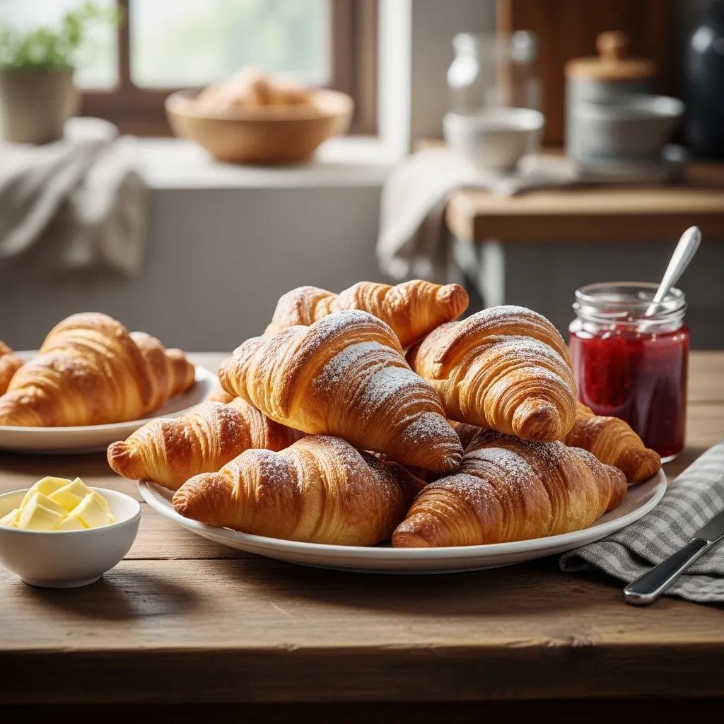Freshly baked flaky French croissants on a rustic wooden table with butter and jam