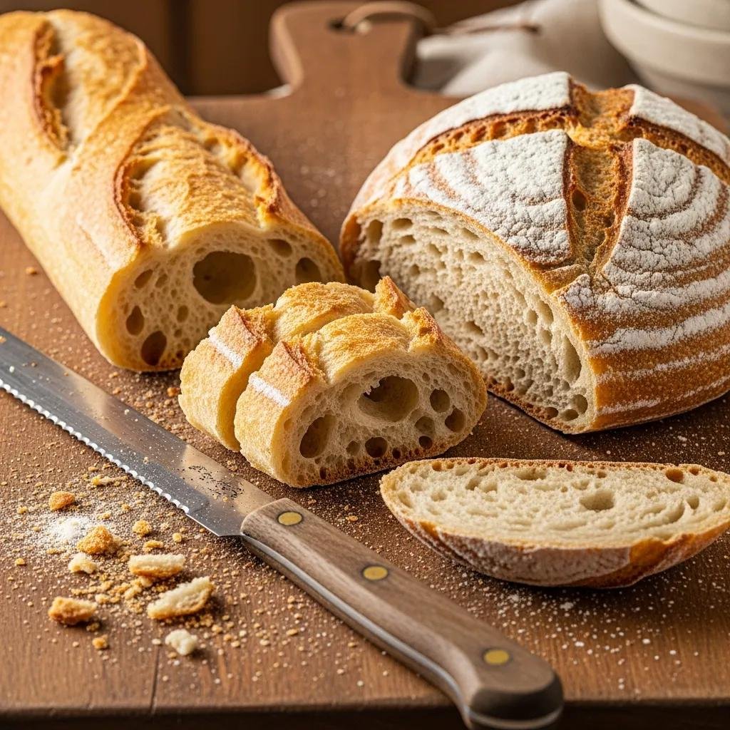 Freshly baked French bread including a baguette and pain de campagne, highlighting the importance of French bread vocabulary