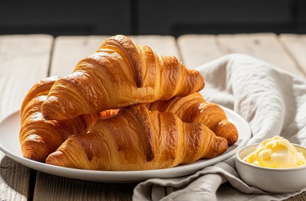 Freshly baked French croissants on a rustic wooden table, showcasing flaky layers and inviting presentation