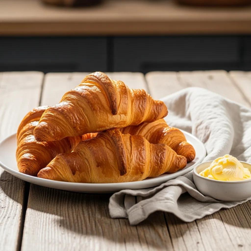 Freshly baked French croissants on a rustic wooden table, showcasing flaky layers and inviting presentation