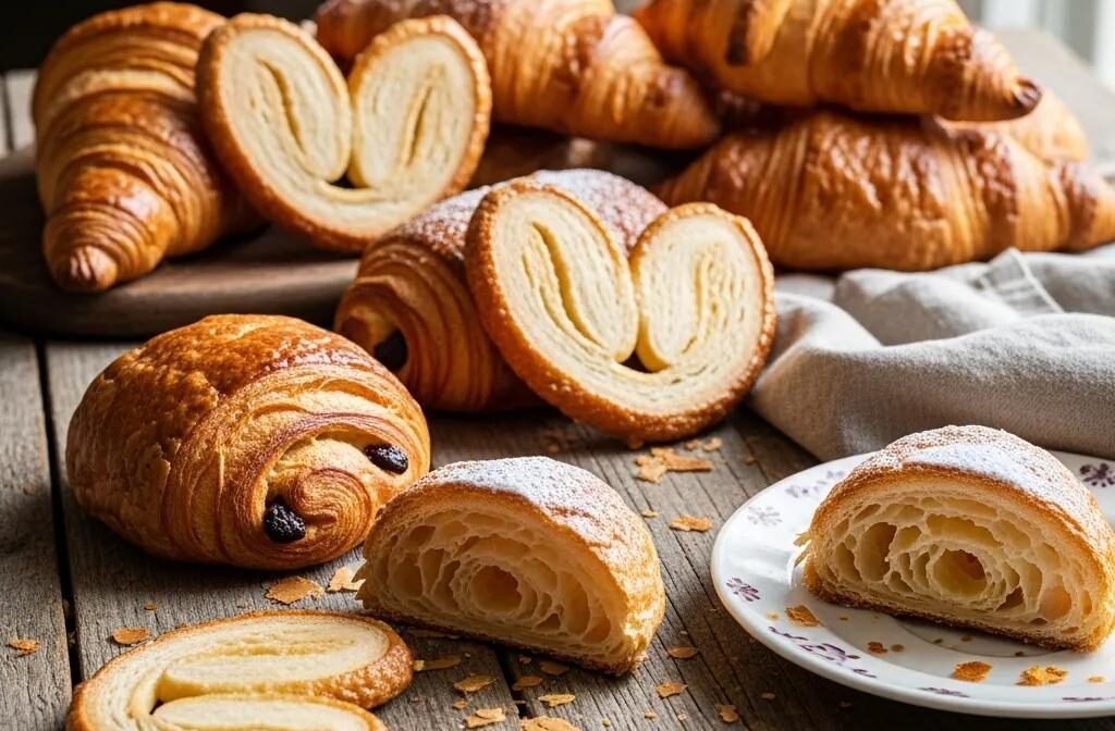 Freshly baked French puff pastries with flaky layers on a rustic wooden table