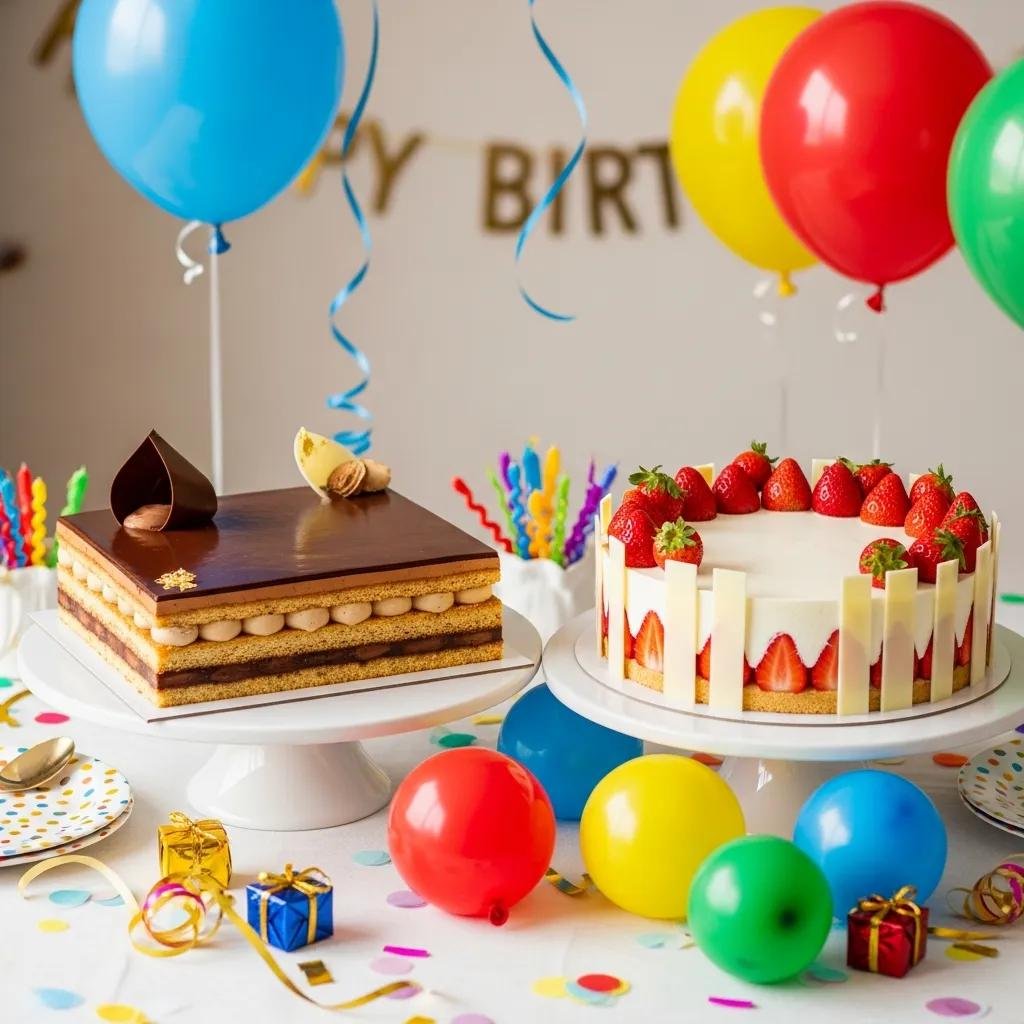 Gâteau Opéra and Fraisier cake on a birthday table, highlighting elegant French desserts for celebrations