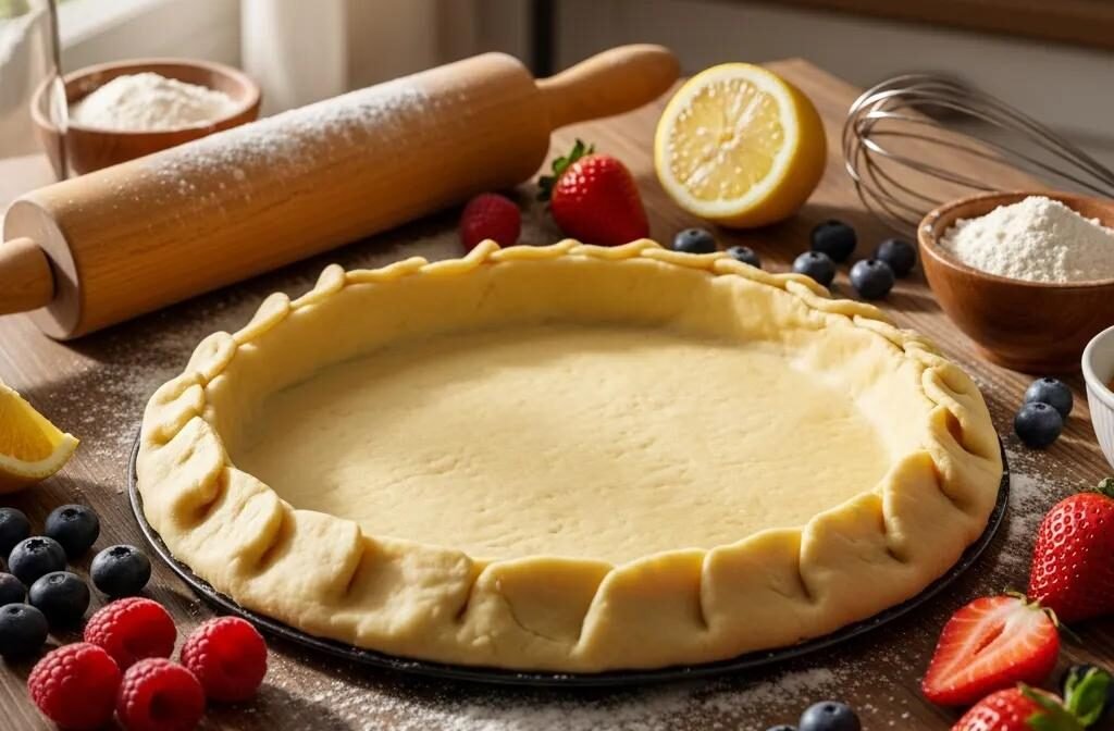 Golden-brown tart crust with fresh fruits and baking tools in a warm kitchen setting