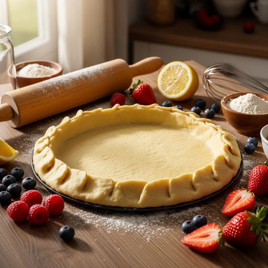 Golden-brown tart crust with fresh fruits and baking tools in a warm kitchen setting