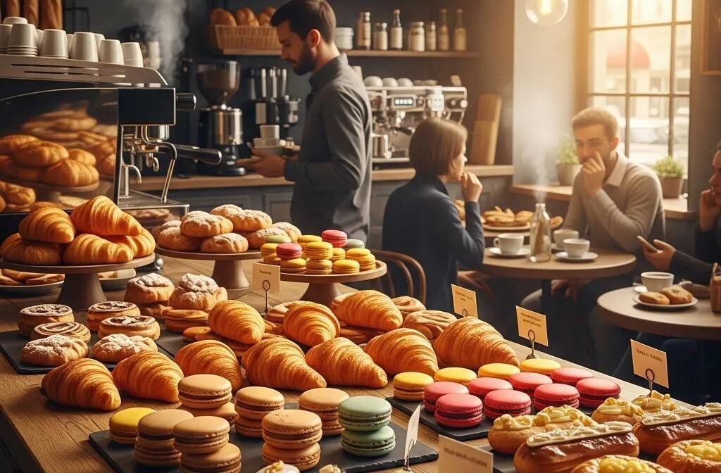 Interior of a French bakery with a display of pastries and a barista preparing coffee