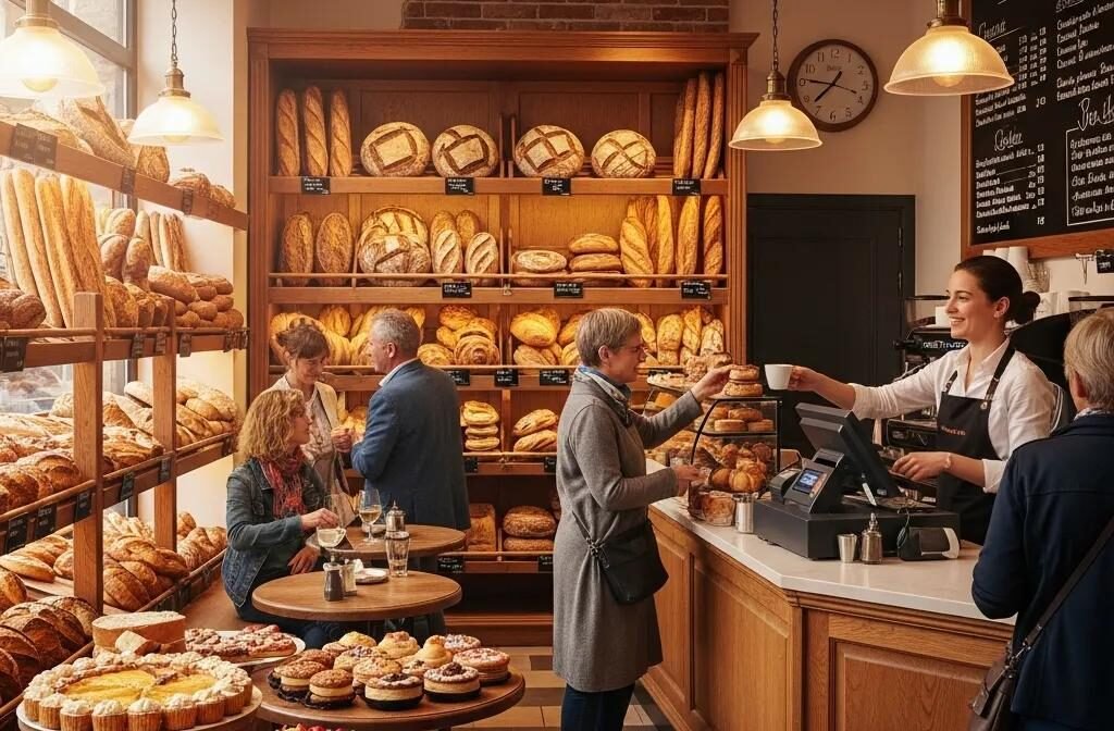 Interior of a traditional French bakery with artisan breads and pastries, showcasing the essence of authentic French baking