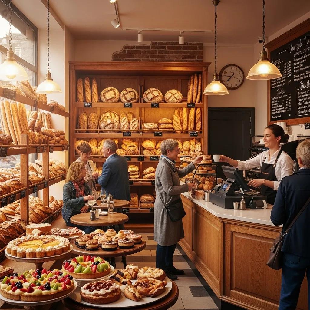 Interior of a traditional French bakery with artisan breads and pastries, showcasing the essence of authentic French baking