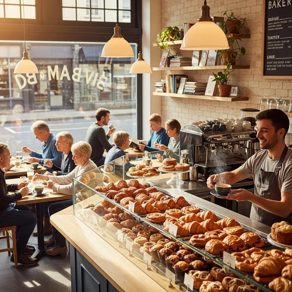 Interior of De Ma Vie Bakery with customers enjoying pastries and a display case filled with croissants and pain au chocolat, highlighting the inviting atmosphere
