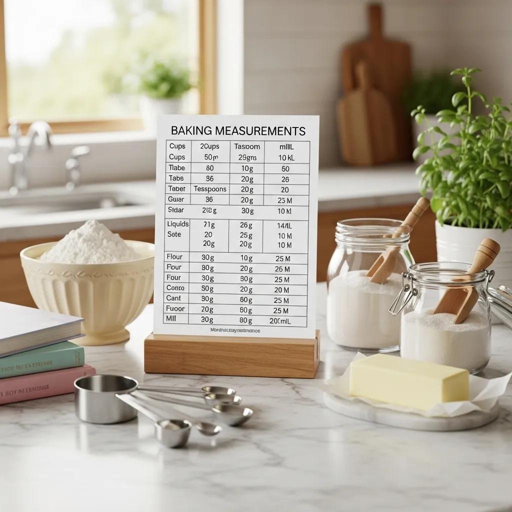 Kitchen countertop with a baking conversion chart and ingredients like flour and sugar, emphasizing measurement accuracy