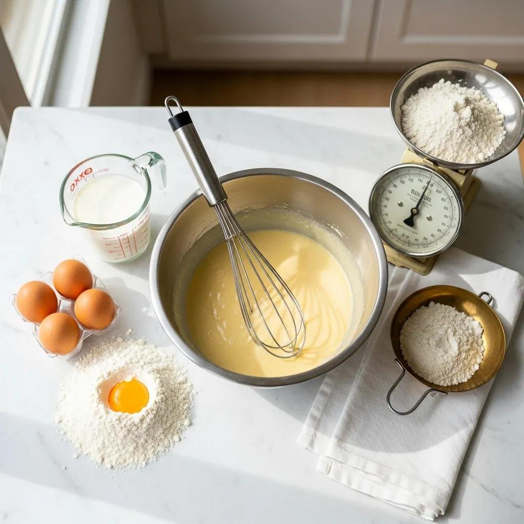 Mixing bowl with crêpe batter and ingredients for making crêpes