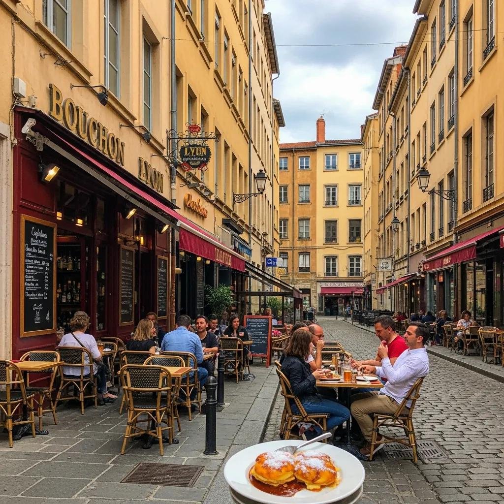 Outdoor dining at a bouchon restaurant in Lyon, showcasing local culinary experiences