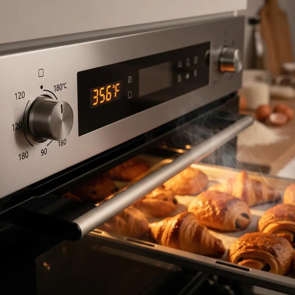 Oven displaying 180&deg;C with pastries inside, illustrating the importance of temperature conversion in baking