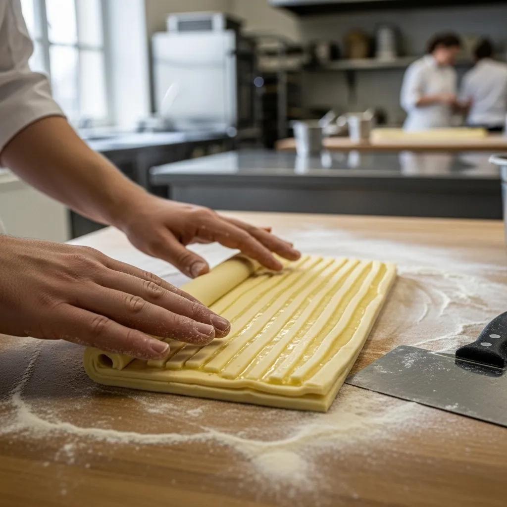 Pastry chef folding laminated dough at De Ma Vie Bakery